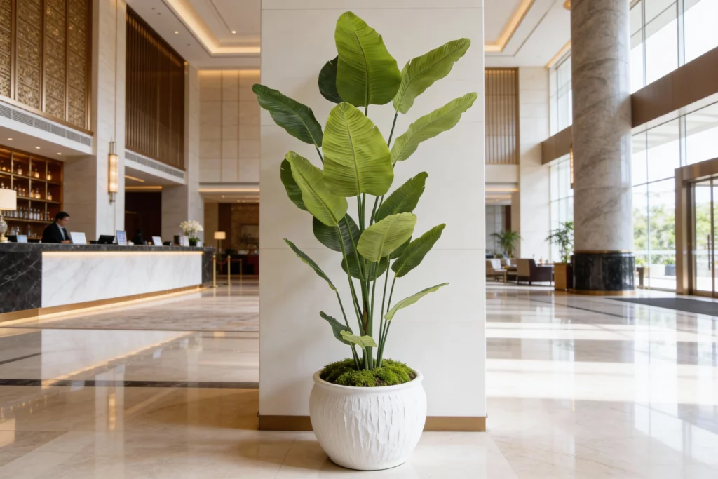Hotel lobby with artificial plants