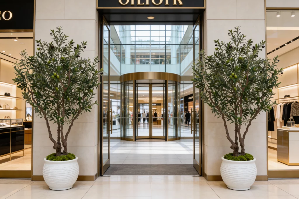 Retail entrance with artificial trees